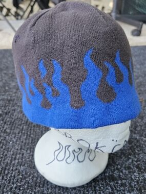 Blue and Black Flame Knit Reversable Beanie With Skull Interior Y2k Style OS